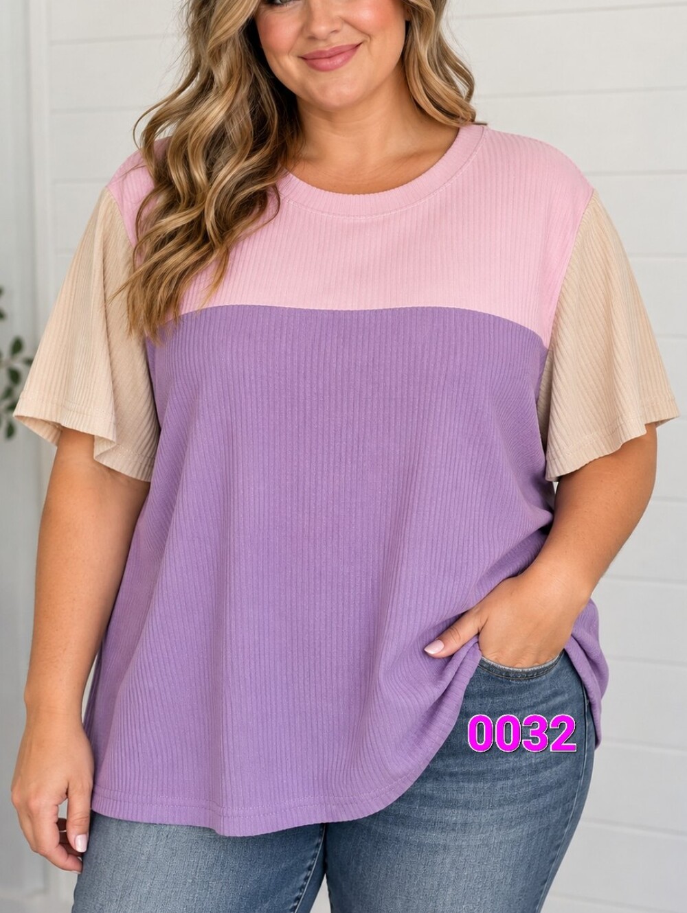 Colorblock Ribbed Short-Sleeve Top in Purple, Pink & Cream